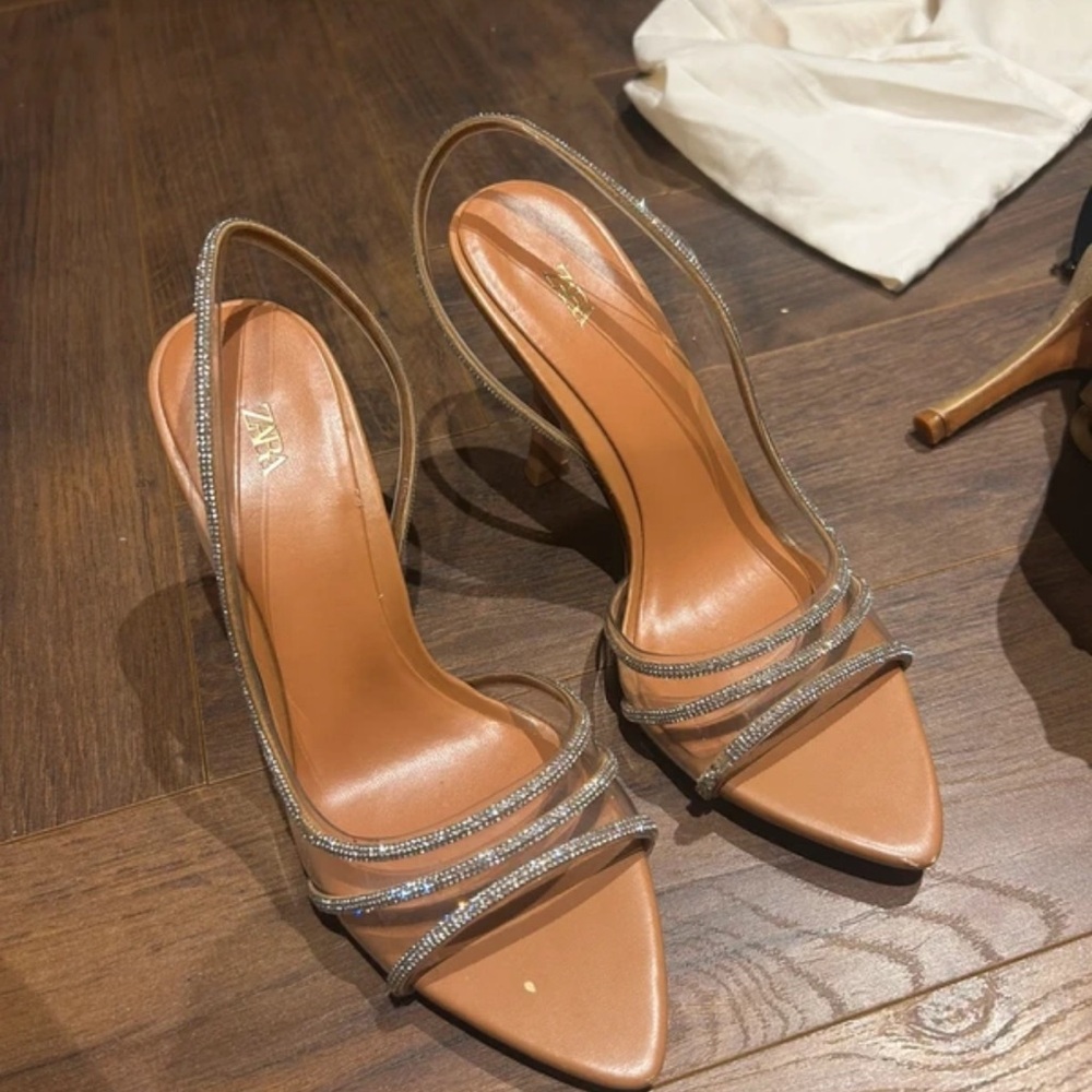 Zara Beige Strappy Heels with Rhinestone Accents